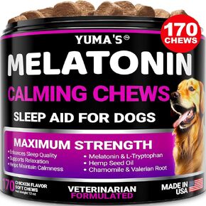 YUMA'S Melatonin للكلاب - 170 قطعة مضغ ميلاتونين للكلاب الصغيرة والكبيرة - ميلاتونين الجرو - مساعد نوم الكلاب - علاجات مهدئة لتخفيف القلق والتوتر - مضغ مهدئ للكلاب - حبوب نوم للكلاب