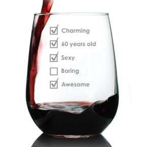60th Birthday Checklist - Stemless Wine Glass Gift - Funny Bday Gifts for Women and Men Turning 60 - Large 17 Ounce
