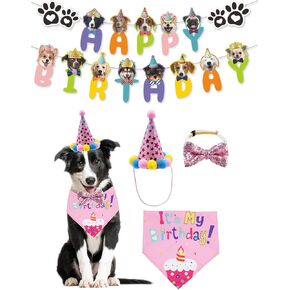 Agirlvct Dog Birthday Party Supplies, Boy Dog Puppy Theme Birthday Decorations,Dog Birthday Hat/Bow Tie/Bandana/Banner for Small Medium Large Dog(Blue)