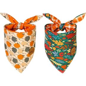 CROWNED BEAUTY Fall Dog Bandanas Reversible Large 2 Pack, Leafy Luxe Set, Plaid Adjustable Triangle Holiday Scarves for Medium Large Extra Large Dogs Boy Girl Pets DB128-L