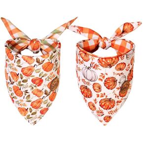 CROWNED BEAUTY Fall Dog Bandanas Reversible Large 2 Pack, Pumpkin Parade Set, Plaid Adjustable Triangle Holiday Scarves for Medium Large Extra Large Dogs Boy Girl Pets DB122-L
