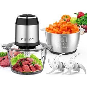 Food Processors, Mini Meat Grinder & Veggie Chopper with 2 Bowls (8 Cup+8 Cup), Electric Food Chopper with 2 Sets of Bi-Level Blades for Meat, Vegetables, Fruits and Nuts