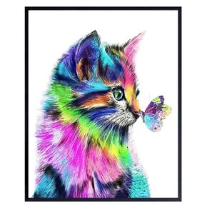 Butterfly Cat Wall Art & Decor - Cat Wall Decor - Cat Lover Gifts for Women Woman Girl - Little Girls Bedroom Toddler Baby Room decoration - Daughter Gift - Nursery Decor UNFRAMED Cute Cat Poster 8x10