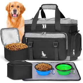 IGOLUMON Dog Travel Bag Large Pet Travel Bags Set for Supplies Weekend Dog Travel Kit Tote Organizer Multi-Pockets Dog Food Travel Bag with 2 Extra Large Food Containers, 2 Dog Bowls, 1 Feeding Mat