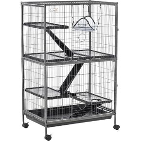 PawHut 50" 5-Tier Small Animal Cage, Ferret Cage, Large Chinchilla Cage with Hammock Accessory & Heavy-Duty Steel Wire, Small Animal Habitat with 6 Doors, Removable Tray, Silver