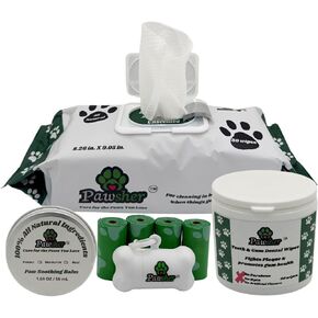 Puppy Care Box - Includes Dog Wipes, Paw Balm, Dental Finger Wipes and Dog Poop Bags Rolls with Bone-Shaped Dispenser - Puppy Essentials for Grooming, Teeth Cleaning and Paw Care.