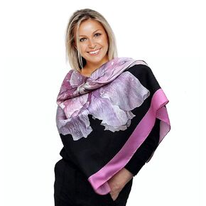 Large Square Silk Scarf, Black Shawl with Pink Flower, Mother, Women Gift