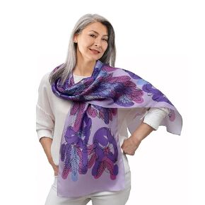 Artistic Hand Painted Long Silk Scarf for Women Fashion Boho Wrap Floral Patterns Trendy Purple Pink Neck Scarfs Unique Designer Shawl Womens Birthday Gift Mother Day Gift Handmade Gifts for Her