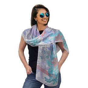 Women Birthday Gift, Artistic Chiffon Scarf, Long Silk Scarves, Rectangle Scarfs for Hair, Lightweight Designer Shawl for Women in Live Coral and Turquoise