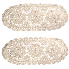 BIBITIME Handmade Crochet Beauiful Hollow 3 Flowers Lace Doilies Oval Tablecloth Placemat Wedding Room Table Desk Vase Mats Home Kitchen Placemats (10" x 22",Pack of 2 PC, Beige)