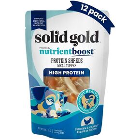 Solid Gold Dog Food Topper - 12 Pack Protein Shreds Wet Dog Food Topper w/Chicken & Carrots - High Protein Meal Toppers for Dogs to Support Muscle Growth and Overall Immunity