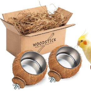 WOODSTICK Coconut Bird Feeder for Cage with Clamp - Removable Stainless Steel Bowls for Happy Birds! Hangable Bird Bowl in Cages - Perfect for Parakeets, Parrots, and Small Animals - 2-pack