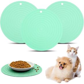 Fhiny 3PCS Silicone Pet Food Mat, 9.5" Round Waterproof Non-Slip Dog Cat Bowl Placemat Preventing Feed and Water Overflow Suitable for Medium Small Bowl Dish Plate Protect Floor (Green, 9.5" Dia)