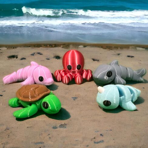 Mini 3D Printed Animals Collection - Unique Articulated Fidget 3D Printed Toys - Home Office Executive Desk Decor - Dolphin Octopus Shark Narwhal Sea Turtle (5 Pk, Ocean) in Saudi Arabia