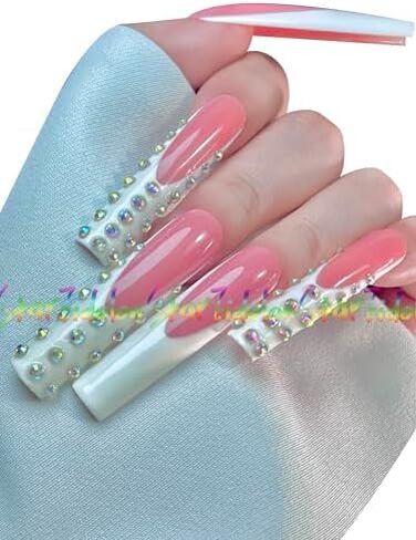 HAND-PAINTED White Press Ons Neon Small Press on Nails Long French Press on Nails Coffin Medium Short Nail art Fake Nail Art Kit with 7g Glue on Nails Handmade Almond Square Nails (Large, Style 26) in Kuwait