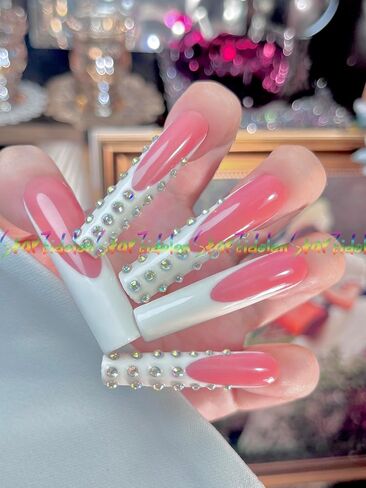 HAND-PAINTED White Press Ons Neon Small Press on Nails Long French Press on Nails Coffin Medium Short Nail art Fake Nail Art Kit with 7g Glue on Nails Handmade Almond Square Nails (Large, Style 26) in Kuwait