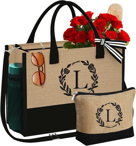 Gifts for Women - Initial Jute Tote Bag & Makeup Bag with Zipper Pockets Adjustable Strap, Birthday Gifts for Women in Saudi Arabia