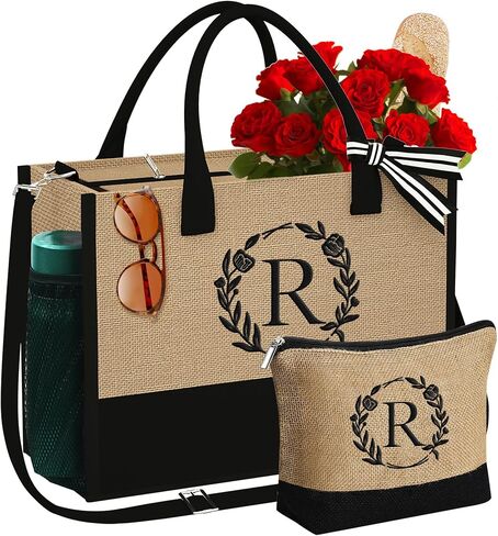 Gifts for Women - Initial Jute Tote Bag & Makeup Bag with Zipper Pockets Adjustable Strap, Birthday Gifts for Women in Saudi Arabia