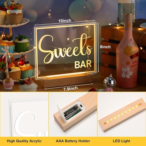 Hoolerry LED Acrylic Bar Table Sign 8" x 10" Neon Acrylic Sign, Snack Candy Bar Sign with Stand Clear Acrylic Sign with White Text for Dessert Flower Bar Decor(Sweets Bar Sign) in Saudi Arabia