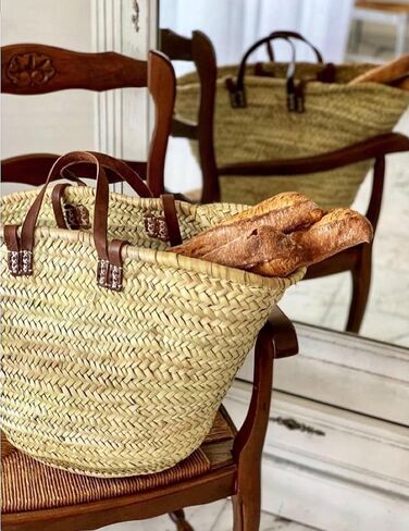 FRENCH BASKET with double flat leather handles, straw bag, beach bag, basket bag, shopping basket, wicker basket with handle, straw market basket (X-Large, Dark Brown) in Saudi Arabia