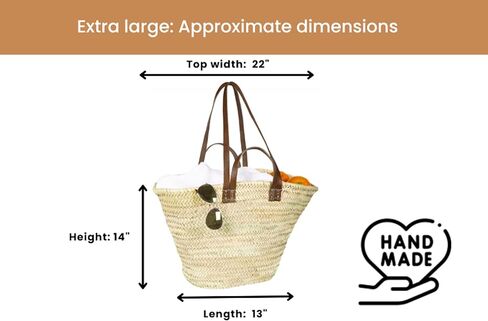FRENCH BASKET with double flat leather handles, straw bag, beach bag, basket bag, shopping basket, wicker basket with handle, straw market basket (X-Large, Dark Brown) in Saudi Arabia