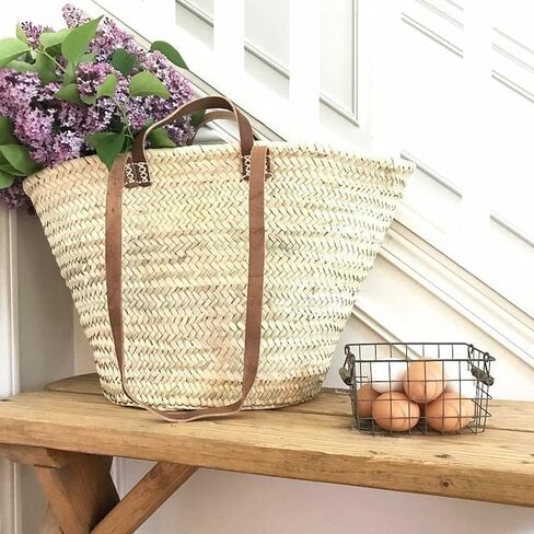 FRENCH BASKET with double flat leather handles, straw bag, beach bag, basket bag, shopping basket, wicker basket with handle, straw market basket (X-Large, Dark Brown) in Saudi Arabia