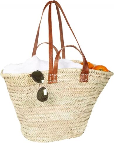 FRENCH BASKET with double flat leather handles, straw bag, beach bag, basket bag, shopping basket, wicker basket with handle, straw market basket (X-Large, Dark Brown) in Saudi Arabia
