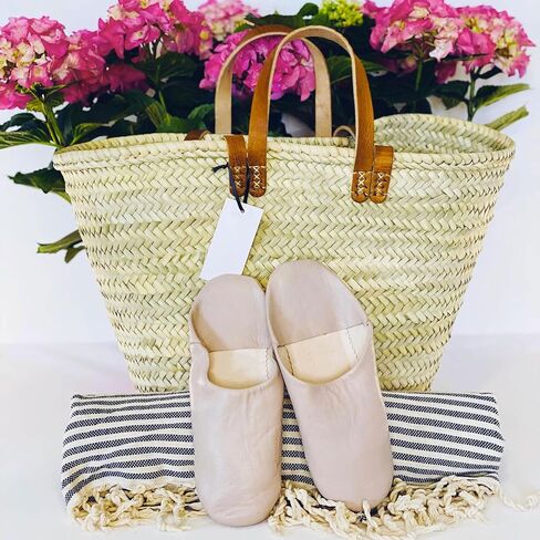 FRENCH BASKET with double flat leather handles, straw bag, beach bag, basket bag, shopping basket, wicker basket with handle, straw market basket (X-Large, Dark Brown) in Saudi Arabia