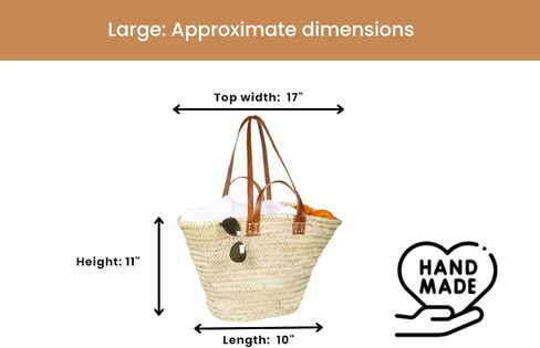 FRENCH BASKET with double flat leather handles, straw bag, beach bag, basket bag, shopping basket, wicker basket with handle, straw market basket (X-Large, Dark Brown) in Saudi Arabia
