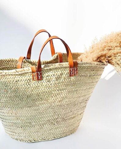 FRENCH BASKET with double flat leather handles, straw bag, beach bag, basket bag, shopping basket, wicker basket with handle, straw market basket (X-Large, Dark Brown) in Saudi Arabia