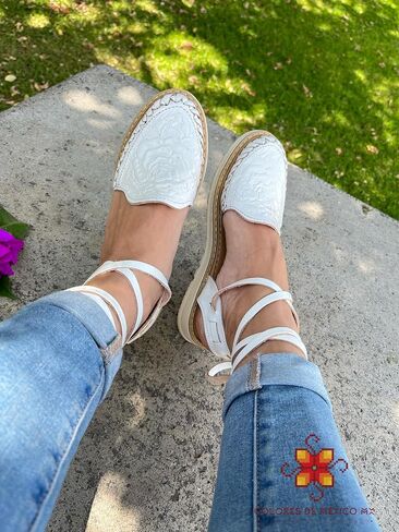 Mexican Leather Shoes with Long Crossed Roman Straps for Women - Model 440 (6, White) in Saudi Arabia
