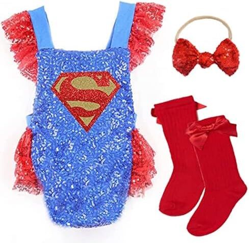 Superhero baby Girl superhero Halloween super Costume customized baby girl costume superhero girl sequin romper high knee socks and matching bow (3-6 month) in Saudi Arabia