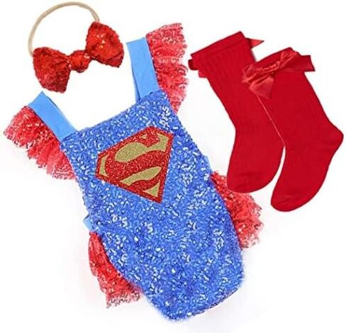 Superhero baby Girl superhero Halloween super Costume customized baby girl costume superhero girl sequin romper high knee socks and matching bow (3-6 month) in Saudi Arabia
