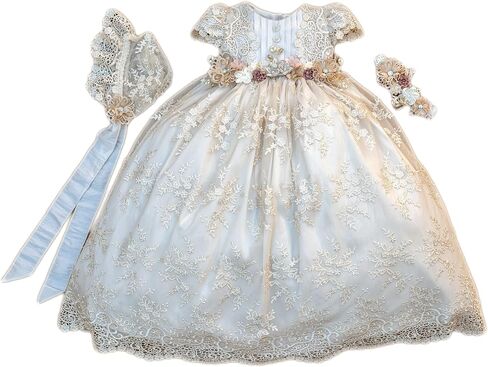 Christening Gown For Baby Girls G030 Ivory Color | Handmade Baptism or Blessing Lace Dress | Heirloom Christening Outfit Matching Shoes & Bonnet (6-12 Months) in Saudi Arabia