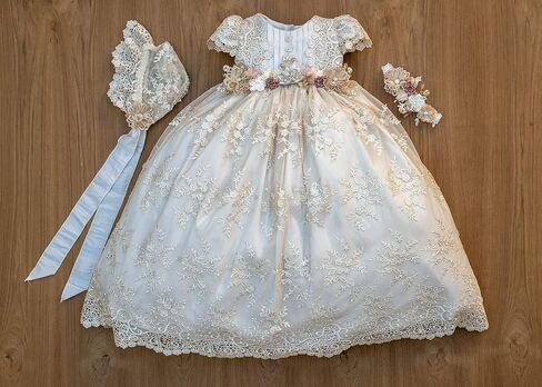 Christening Gown For Baby Girls G030 Ivory Color | Handmade Baptism or Blessing Lace Dress | Heirloom Christening Outfit Matching Shoes & Bonnet (6-12 Months) in Saudi Arabia