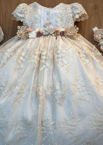 Christening Gown For Baby Girls G030 Ivory Color | Handmade Baptism or Blessing Lace Dress | Heirloom Christening Outfit Matching Shoes & Bonnet (6-12 Months) in Saudi Arabia
