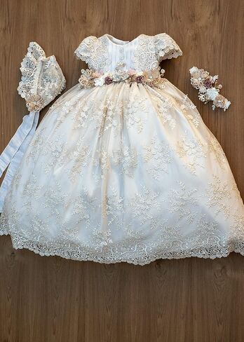 Christening Gown For Baby Girls G030 Ivory Color | Handmade Baptism or Blessing Lace Dress | Heirloom Christening Outfit Matching Shoes & Bonnet (6-12 Months) in Saudi Arabia
