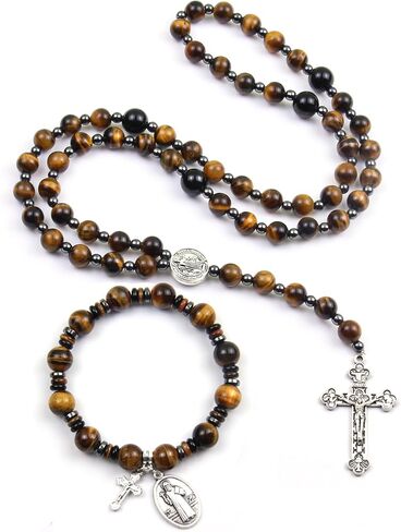 Rosary Beads Catholic, 8mm Tiger Eye Rosary Necklace with 10mm Tiger Eye St Benedict Cross Bracelet, Rosarios Catolicos Triple Protection Necklace Bracelet Jewelry Sets Catholic Gifts in Saudi Arabia