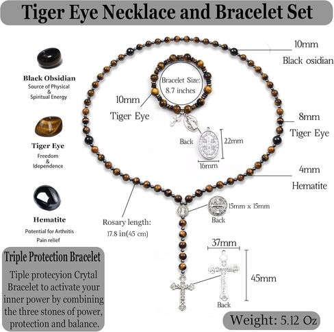 Rosary Beads Catholic, 8mm Tiger Eye Rosary Necklace with 10mm Tiger Eye St Benedict Cross Bracelet, Rosarios Catolicos Triple Protection Necklace Bracelet Jewelry Sets Catholic Gifts in Saudi Arabia