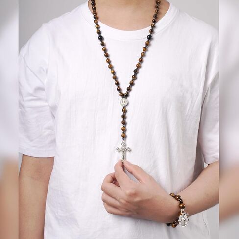 Rosary Beads Catholic, 8mm Tiger Eye Rosary Necklace with 10mm Tiger Eye St Benedict Cross Bracelet, Rosarios Catolicos Triple Protection Necklace Bracelet Jewelry Sets Catholic Gifts in Saudi Arabia
