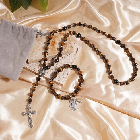 Rosary Beads Catholic, 8mm Tiger Eye Rosary Necklace with 10mm Tiger Eye St Benedict Cross Bracelet, Rosarios Catolicos Triple Protection Necklace Bracelet Jewelry Sets Catholic Gifts in Saudi Arabia
