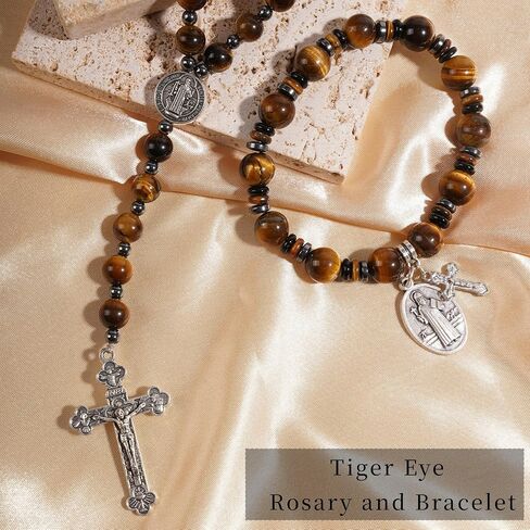 Rosary Beads Catholic, 8mm Tiger Eye Rosary Necklace with 10mm Tiger Eye St Benedict Cross Bracelet, Rosarios Catolicos Triple Protection Necklace Bracelet Jewelry Sets Catholic Gifts in Saudi Arabia