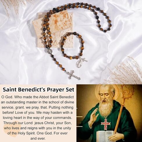 Rosary Beads Catholic, 8mm Tiger Eye Rosary Necklace with 10mm Tiger Eye St Benedict Cross Bracelet, Rosarios Catolicos Triple Protection Necklace Bracelet Jewelry Sets Catholic Gifts in Saudi Arabia
