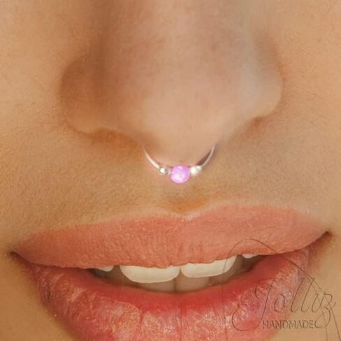 Silver Fake Septum Ring Hoop - Thin 24g Comfortable Fake Septum Piercing with a 3mm Pink Opal - Handmade Sterling Silver Faux Septum Piercing Hoop in Saudi Arabia