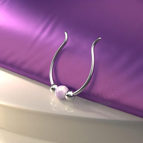 Silver Fake Septum Ring Hoop - Thin 24g Comfortable Fake Septum Piercing with a 3mm Pink Opal - Handmade Sterling Silver Faux Septum Piercing Hoop in Saudi Arabia