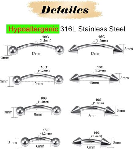 14G 4Pairs Eyebrow Piercing Jewelry Surgical Steel Curved Barbell Tiny Eyebrow Ring Vertical Labret Lip Jewelry Ear Rook Navel Small Belly Button Ring for Women Men 6mm/8mm/10mm/12mm in Saudi Arabia