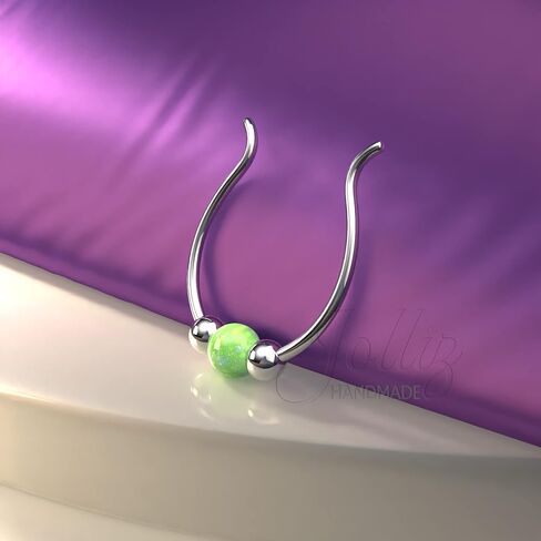 Silver Fake Septum Ring Hoop - Thin 24g Comfortable Fake Septum Piercing with a 3mm Pink Opal - Handmade Sterling Silver Faux Septum Piercing Hoop in Saudi Arabia