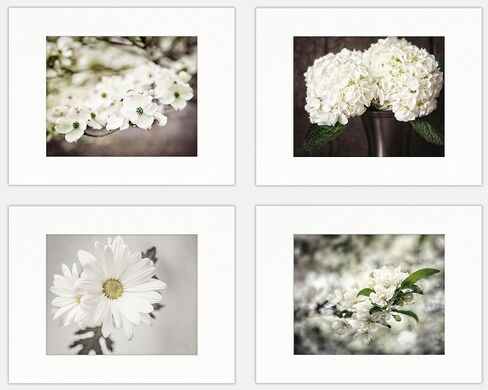 مطبوعات صور زهور بيضاء اللون باللون البيج والبني من Shabby Chic - مجموعة من 4 صور صغيرة مقاس 5x7 بوصة غير مؤطرة - فن نباتي - صور زهور طبيعية للحمام وغرفة النوم وديكور حائط الحضانة in Kuwait