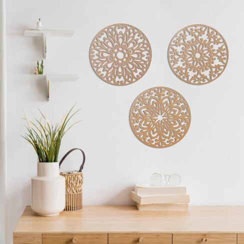 3 Piece Round Farmhouse Mandala Décor | Vintage Wood Wall Hanging Decor | Rustic Above Bed Wall Decor | Living Room & Bedroom Décor Asethetic | Zen Spiritual Wall Art | Modern Boho Wall Art in Saudi Arabia