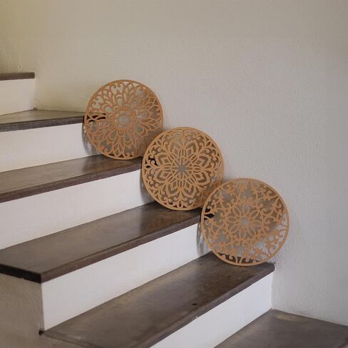 3 Piece Round Farmhouse Mandala Décor | Vintage Wood Wall Hanging Decor | Rustic Above Bed Wall Decor | Living Room & Bedroom Décor Asethetic | Zen Spiritual Wall Art | Modern Boho Wall Art in Saudi Arabia